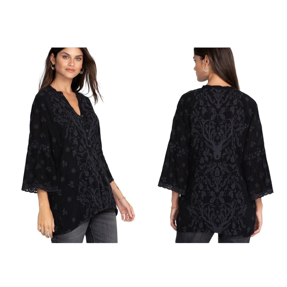 Johnny Was Ciervo Serena Tunic Sanded Black Top Boho Chic Embroidered Size XL